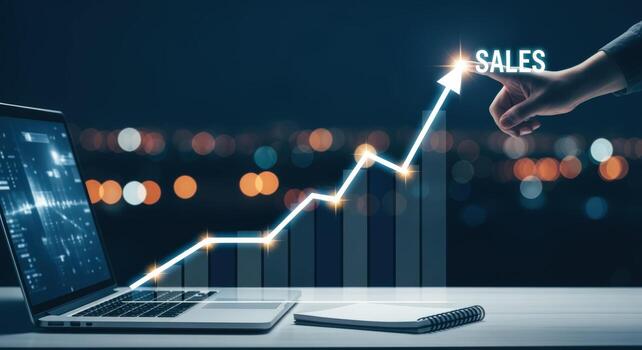 sales growth graph on laptop screen with pointing hand illustrating business success and market trend photo